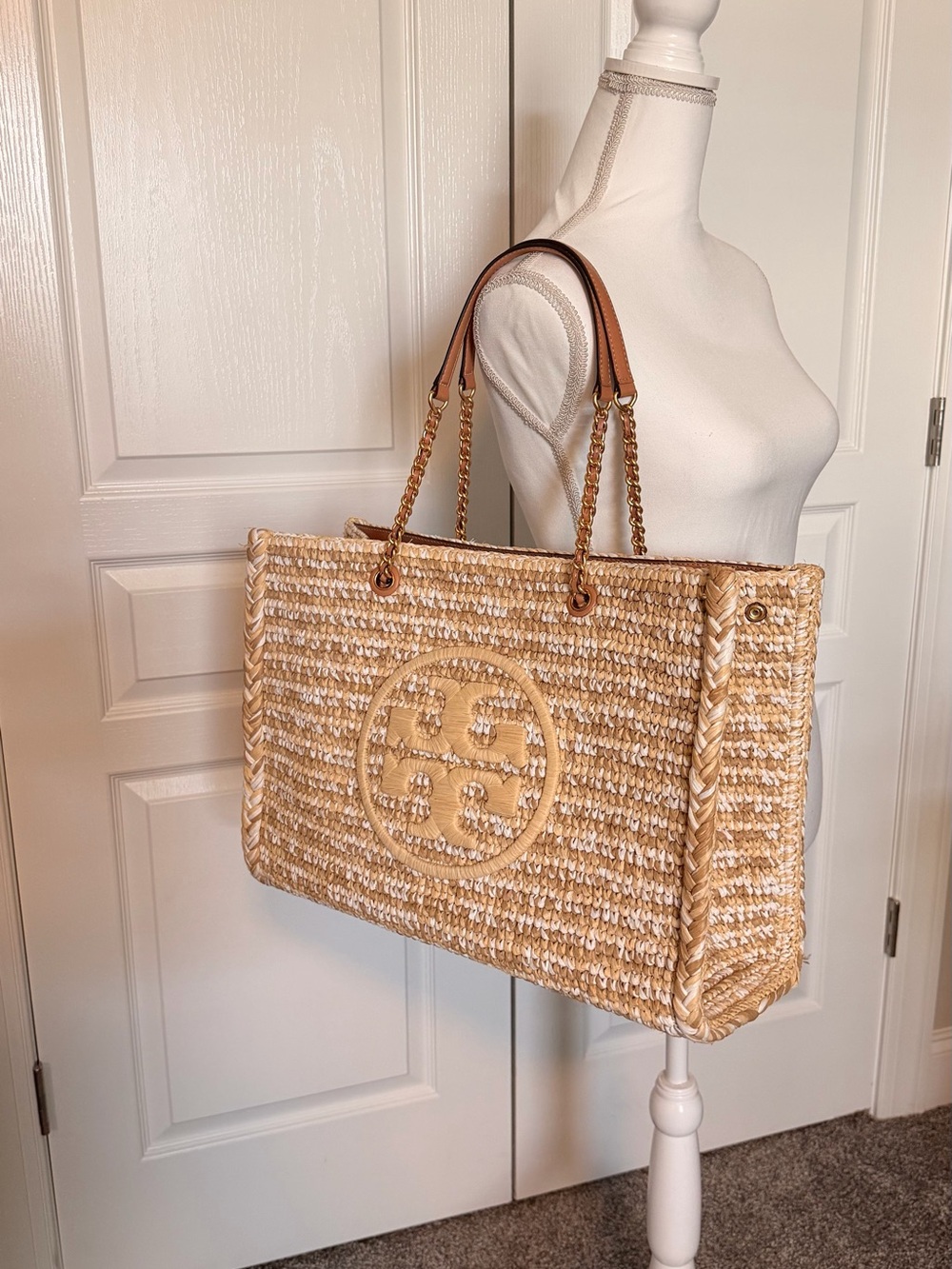NWOT - Tory Burch Ella Raffia Tote - Cream & White - Picture 10 of 12